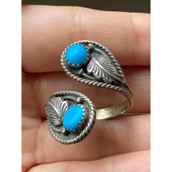 Vintage signed J J sterling silver Turquoise adjustable ring - Picture 2 of 6